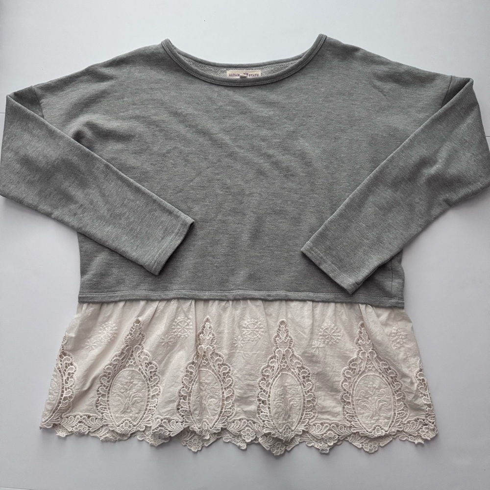 Altar'd State Gray and Cream lace Long Sleeve Top sz L